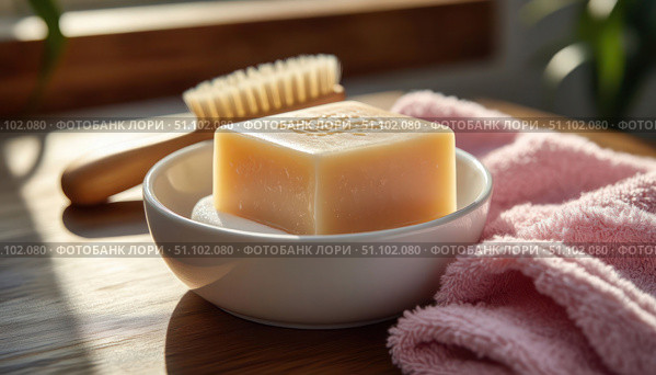A white bowl with a bar of soap in it sits on a wooden table. Стоковое AI-изображение, AI-художник Ярославский Максим / Фотобанк Лори
