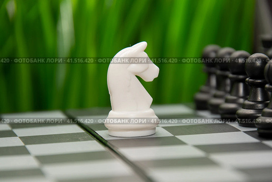 A white chess knight stands of army of black chess pieces. The concept of confrontation and self-identification. Стоковое фото, фотограф Anastaiya Lavrik / Фотобанк Лори