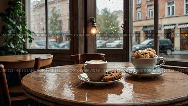 A white cup of hot coffee and biscuits on a table in a modern cozy cafe by the window. It's raining outside. The concept of comfort and warmth. Стоковое AI-изображение, AI-художник Photojuli / Фотобанк Лори