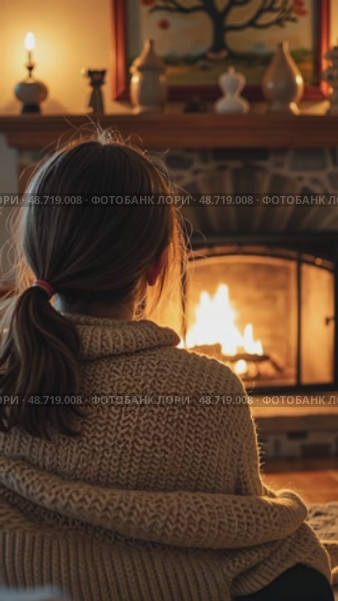 A wide-angle view of a cozy living room with a crackling fireplace, where a girl sits wrapped in a blanket, her oversize cardigan shining in fireplace light with Christmas festive decorated interior. Стоковое AI-видео, аниматор Sergey Grishin / Фотобанк Лори