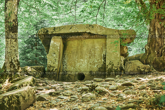 A wild ancient dolmen in the forest, a megalithic structure. The Caucasus Mountains. (2022 год). Стоковое фото, фотограф Наталия Кирсанова / Фотобанк Лори