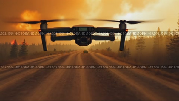 A wildfire observation drone flying among forest trees bound by flame. Стоковое AI-видео, аниматор Sergey Grishin / Фотобанк Лори