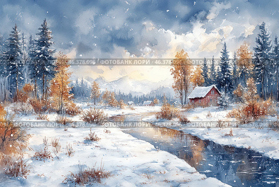 A winter village scene, done in watercolor. A snow-covered river meanders gently through a snowy landscape, reflecting the sky with a soft winter light. Tall pine trees and trees with golden autumn leaves grow along the banks, creating a warm contrast with the whiteness of the snow. In the distance, snow-capped mountains and several cozy wooden houses with snow-covered roofs are visible. Fluffy snowflakes float above all this, adding an atmosphere of peace and comfort. Стоковое AI-изображение, AI-художник Анна Кривицкая / Фотобанк Лори