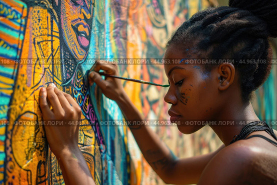 A woman artist creating a vibrant mural that pays homage to African culture and history. Стоковое AI-изображение, AI-художник Veniamin Kraskov / Фотобанк Лори