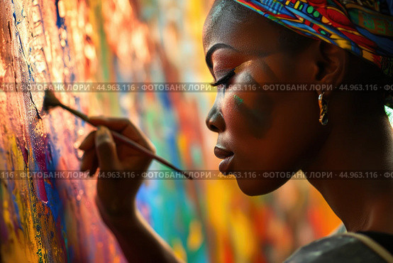 A woman artist creating a vibrant mural that pays homage to African culture and history. Стоковое AI-изображение, AI-художник Veniamin Kraskov / Фотобанк Лори
