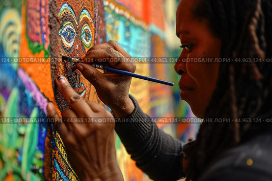 A woman artist creating a vibrant mural that pays homage to African culture and history. Стоковое AI-изображение, AI-художник Veniamin Kraskov / Фотобанк Лори