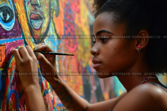 A woman artist creating a vibrant mural that pays homage to African culture and history. Стоковое AI-изображение, AI-художник Veniamin Kraskov / Фотобанк Лори