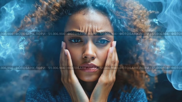A woman deeply contemplates while ethereal blue wisps swirl around her in a moody, mystical atmosphere at dusk. Стоковое AI-видео, аниматор Данила Большаков / Фотобанк Лори