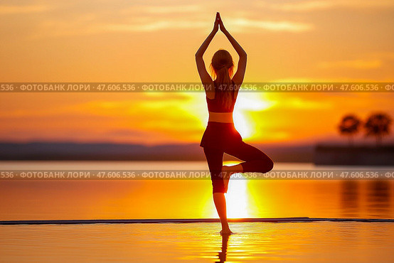A woman doing yoga, stretching, pacification, calmness. Стоковое AI-изображение, AI-художник Ирина Ручушкина / Фотобанк Лори
