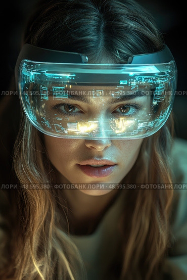 A woman engages with advanced augmented reality technology, showcasing digital information on her glasses in a darkened space during the evening. Стоковое AI-изображение, AI-художник Данила Большаков / Фотобанк Лори
