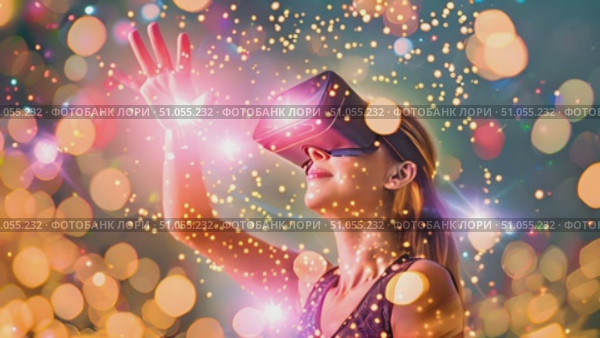 A woman explores a virtual world through a VR headset, interacting with digital environments and experiencing immersive simulations. Стоковое AI-видео, аниматор Данила Большаков / Фотобанк Лори