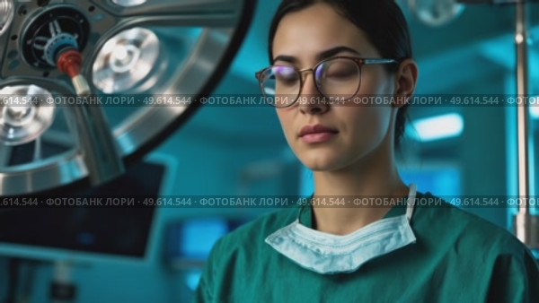 A woman in a green lab coat is wearing gloves and looking at a lighted object. Стоковое AI-видео, аниматор Виктория Кольцова / Фотобанк Лори