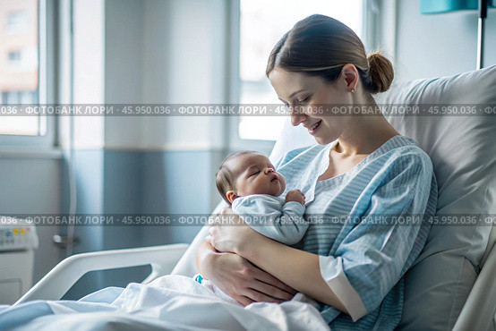 A woman in a hospital bed in the maternity ward. Mom has a newborn baby in her arms. Pregnancy and childbirth. Стоковое AI-изображение, AI-художник Photojuli / Фотобанк Лори