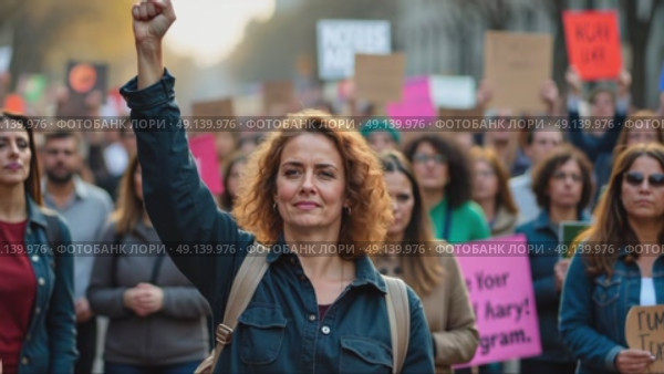 A woman in a protest march raises her right arm in a fist pump, her face filled with determination. The background is a blurred crowd of people walking on street. Стоковое AI-видео, аниматор Sergey Grishin / Фотобанк Лори