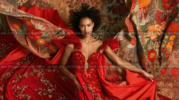 A woman in a red dress with beaded embellishments poses on a floral patterned rug. She is wearing a plunging neckline and her hair is styled in loose curls. Стоковое AI-изображение, AI-художник Данила Большаков / Фотобанк Лори