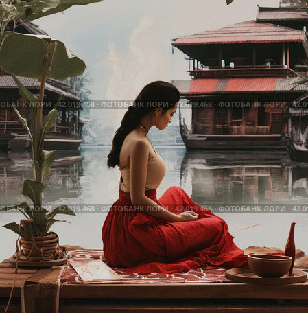 a woman in a red skirt is sitting in a boat with an airplane on the dock. Стоковое AI-изображение, AI-художник Юлия Гапеенко / Фотобанк Лори