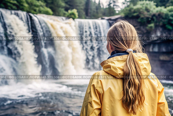 A woman in a rubber raincoat on the background of a huge blue waterfall. The girl travels and enjoys life and the environment. Tourism. Стоковое AI-изображение, AI-художник Photojuli / Фотобанк Лори