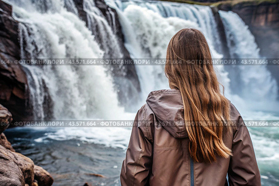 A woman in a rubber raincoat on the background of a huge blue waterfall. The girl travels and enjoys life and the environment. Tourism. Стоковое AI-изображение, AI-художник Photojuli / Фотобанк Лори