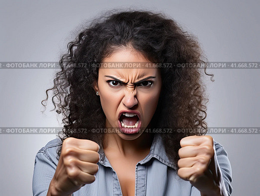 A woman in a state of extreme rage, with clenched fists and jaw, angry, emotional and furious. Generated by AI. Стоковое AI-изображение, AI-художник Ярославский Максим / Фотобанк Лори