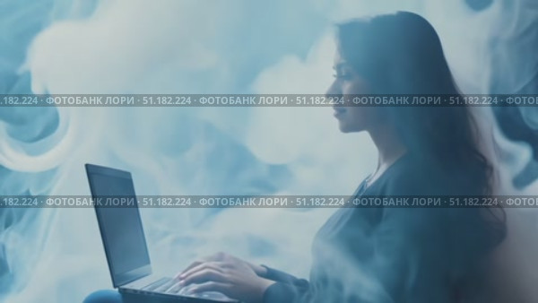 A woman is focused on her laptop, surrounded by a dreamy haze that creates a tranquil ambiance in the room. Стоковое AI-видео, аниматор Данила Большаков / Фотобанк Лори
