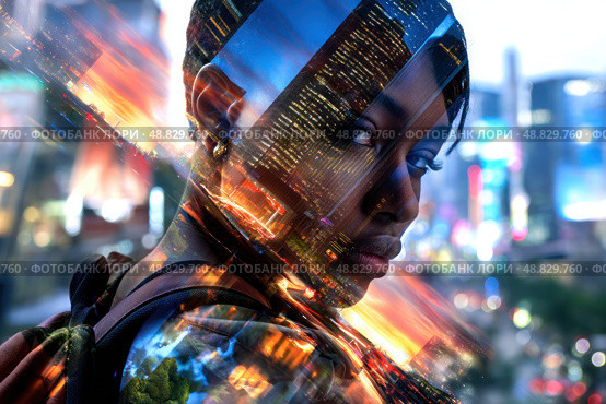 A woman is looking at the camera in a cityscape. Стоковое AI-изображение, AI-художник Ярославский Максим / Фотобанк Лори