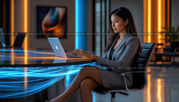 A woman is sitting at a desk with a laptop in front of her. Стоковое AI-изображение, AI-художник Ярославский Максим / Фотобанк Лори