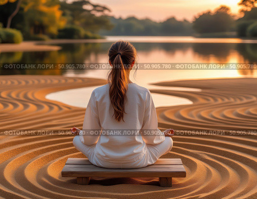 A woman is sitting on a wooden bench in the sand, looking out at the water. Стоковое AI-изображение, AI-художник Ярославский Максим / Фотобанк Лори