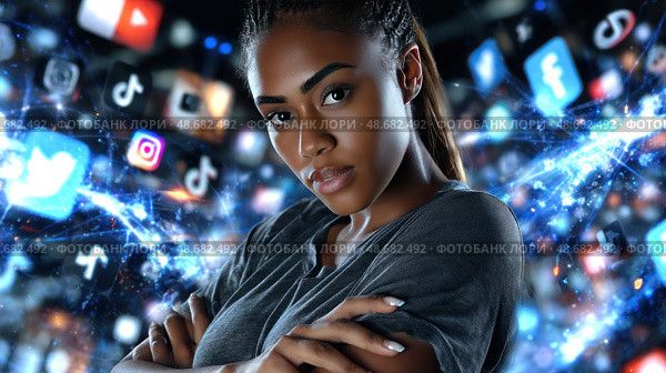A woman is standing in front of a screen with many social media icons. Стоковое AI-изображение, AI-художник Ярославский Максим / Фотобанк Лори