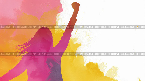 A woman joyfully stands with her arms lifted in the air in celebration. Стоковое AI-изображение, AI-художник Данила Большаков / Фотобанк Лори