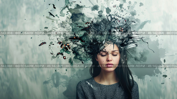 A woman looking upwards with her head raised, deep in thought or contemplation. Стоковое AI-изображение, AI-художник Данила Большаков / Фотобанк Лори