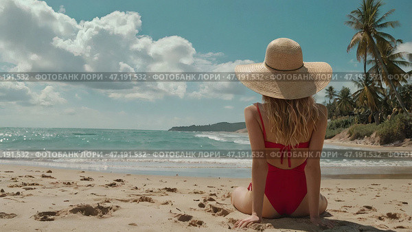 A woman on vacation, sitting in a swimsuit and a wide-brimmed straw hat on the beach on a sunny day and looking at the sea. Стоковое AI-изображение, AI-художник Photojuli / Фотобанк Лори