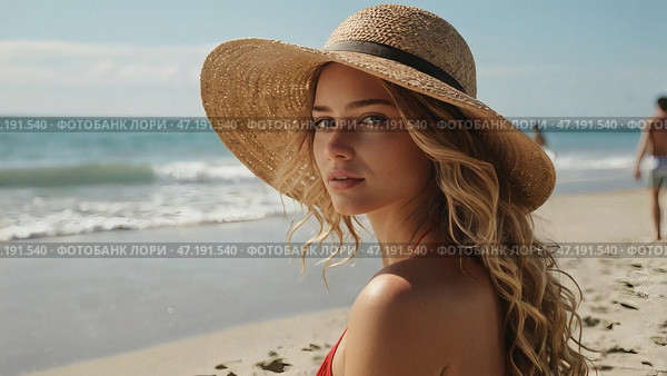 A woman on vacation, sitting in a swimsuit and a wide-brimmed straw hat on the beach on a sunny day and looking at the sea. Стоковое AI-изображение, AI-художник Photojuli / Фотобанк Лори