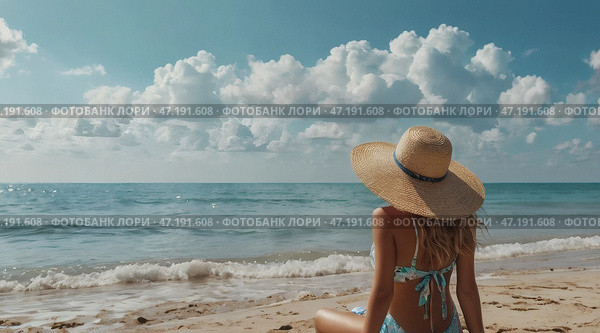 A woman on vacation, sitting in a swimsuit and a wide-brimmed straw hat on the beach on a sunny day and looking at the sea. Стоковое AI-изображение, AI-художник Photojuli / Фотобанк Лори