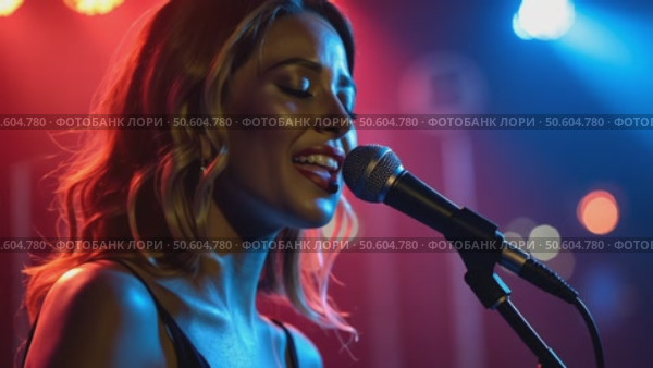 A woman sings in karaoke. Vocal lessons. Emotional performance of songs. A beautiful girl performs songs with a pair of jazz and ballads. Musical karaoke club. Стоковое AI-видео, аниматор Sergey Grishin / Фотобанк Лори