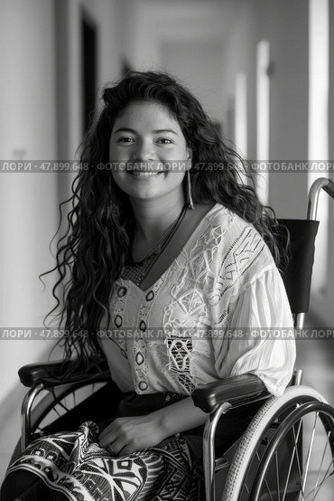 A woman sitting in a wheelchair smiling directly at the camera. Стоковое AI-изображение, AI-художник Данила Большаков / Фотобанк Лори