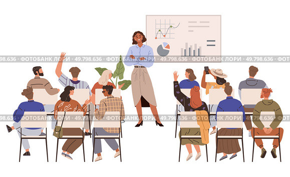 A woman stands in front of a whiteboard displaying charts and data as she presents to an attentive group, some raising hands with questions. Ideal for teamwork, business meetings, professional. Business Presentation in Modern Office Setting with Engaged Team. Стоковая иллюстрация, агентство Ingram Publishing / Фотобанк Лори