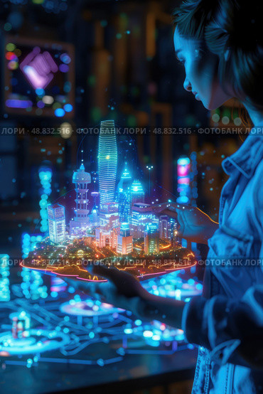 A woman uses her hands to manipulate a 3D hologram of a city, which is illuminated with colorful lights. The scene is set in a dimly lit room, and the woman is wearing a denim jacket. Стоковое AI-изображение, AI-художник Данила Большаков / Фотобанк Лори