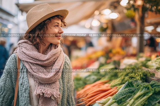 A woman wearing a hat and a scarf is standing in front of a vegetable stand. Стоковое AI-изображение, AI-художник Ярославский Максим / Фотобанк Лори