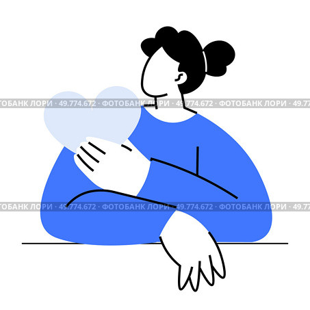 A woman with a bun hairstyle in a blue sweater holding a heart shape close to her chest. Ideal for concepts of care, affection, empathy, emotional support, and kindness. Valentine day. Woman Holding Heart Shape Symbolizing Care and Affection. Стоковая иллюстрация, агентство Ingram Publishing / Фотобанк Лори