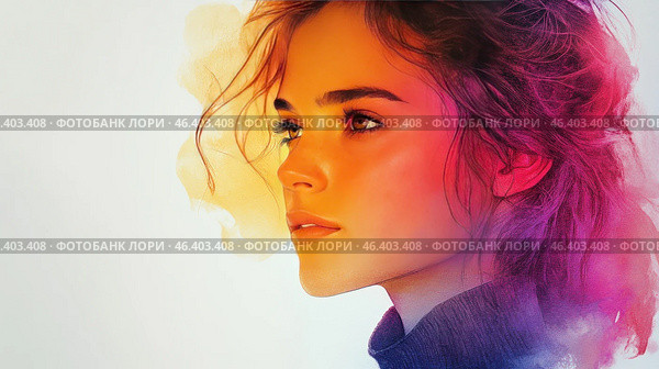 A woman with an expressive face, close-up. You can see a deep look in her eyes that attracts attention. The girl's hair is slightly disheveled, and her face is illuminated by a soft light. She looks thoughtful and calm, which is reflected in her confident but calm posture. There are beautiful fragments of colored spots around her face, creating a watercolor effect. Стоковое AI-изображение, AI-художник Анна Кривицкая / Фотобанк Лори