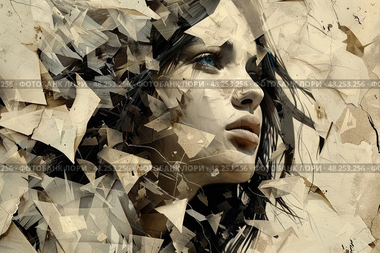 A woman with blue eyes looks to the right, her face partially obscured by torn paper fragments. Стоковое AI-изображение, AI-художник Данила Большаков / Фотобанк Лори
