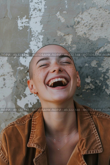 A woman with closed eyes laughs joyfully in front of a wall, displaying a moment of pure happiness and mirth. Стоковое AI-изображение, AI-художник Данила Большаков / Фотобанк Лори