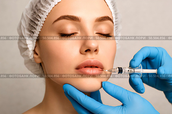 A woman with closed eyes receives an injection in her lips by a professional wearing blue gloves. The woman has a white cap on her head and appears relaxed as the procedure is performed. Стоковое AI-изображение, AI-художник Olga Dmitrieva / Фотобанк Лори
