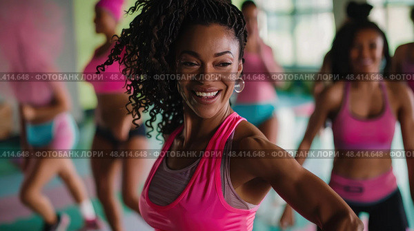 A woman with curly hair smiles and leads a Zumba class in a brightly lit fitness studio. Стоковое AI-изображение, AI-художник Данила Большаков / Фотобанк Лори