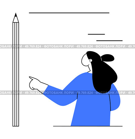 A woman with dark hair in a bun and a blue sweater points confidently at a tall pencil. Ideal for creativity themes, educational content, art and design, writing and publishing, motivational. Woman Pointing at Pencil with Confident Gesture Highlighting Writing Concept. Стоковая иллюстрация, агентство Ingram Publishing / Фотобанк Лори