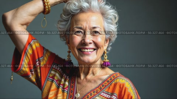 A woman with gray hair, dressed in vibrant, patterned clothing, standing confidently with her arm raised, scratches and ruffles her hair, soft lighting studio background. Стоковое AI-видео, аниматор Sergey Grishin / Фотобанк Лори