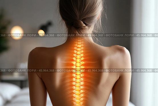 A woman with her back to the camera, with emphasis on her spine. Her fair skin highlights the striking visual effect: the spine is highlighted in a glowing orange color, creating a feeling of warmth and energy. The structure of the spine is represented anatomically accurately, including the vertebrae and the nerve endings extending from them. This effect symbolizes health, vitality, or an emphasis on the importance of the spine for the body.The woman's hair is pulled back into a neat low bun, emphasizing elegance and simplicity. The background is blurred, creating a cozy and calm atmosphere. The soft outlines of the room with warm lamps are visible, making the image comfortable and harmonious. Стоковое AI-изображение, AI-художник Анна Кривицкая / Фотобанк Лори