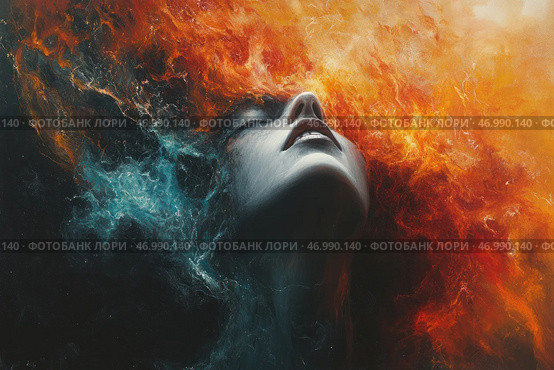 A woman with her face upturned, her skin light and smooth, and her eyes closed. Her hair or aura consists of fiery tongues of flame, turning into deep dark and blue shades, reminiscent of space or water. The painting has a powerful energetic dynamics, creating a sense of the connection of two elements - fire and water, passion and calm. The work is done in the style of surrealism or abstract art, creating the impression of spiritual awakening, transcendence and a powerful emotional experience. Стоковое AI-изображение, AI-художник Анна Кривицкая / Фотобанк Лори