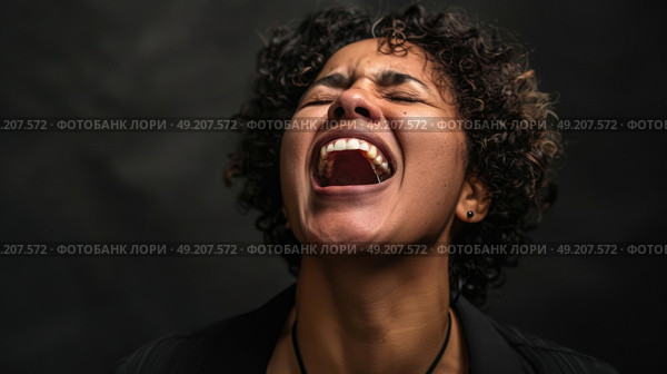 A woman with her mouth wide open, showing a surprised or shocked expression. Стоковое AI-изображение, AI-художник Данила Большаков / Фотобанк Лори