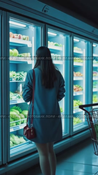 A woman with shopping cart examining frozen food section, cool blue lighting from freezers creating dramatic contrast. Стоковое AI-видео, аниматор Sergey Grishin / Фотобанк Лори